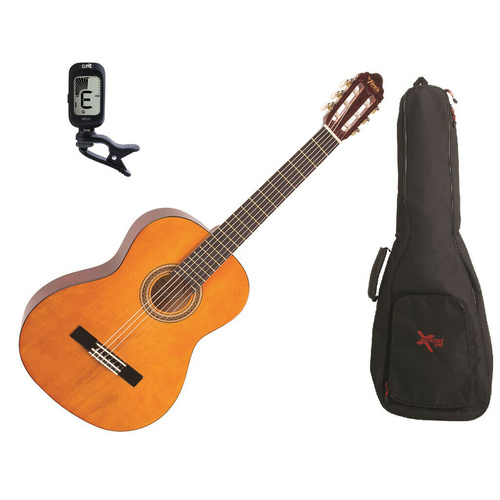 Valencia 1/4 Size Classical Guitar Pack Natural C/W Padded Bag & Clip On Tuner