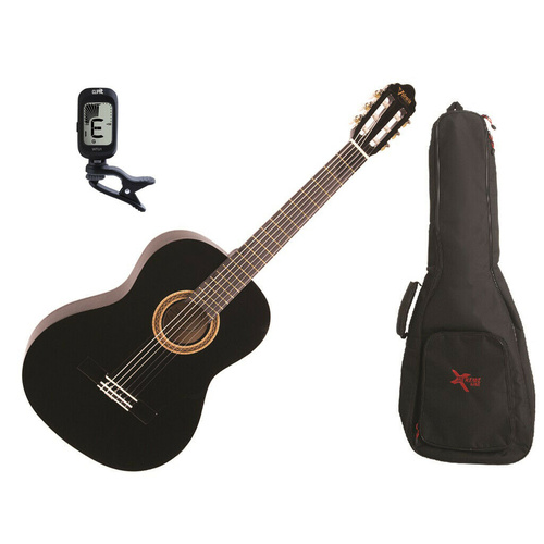 Valencia 1/4 Size Classical Guitar Pack Black C/W Padded Bag & Clip On Tuner