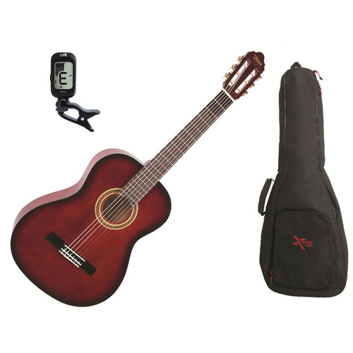 Valencia 1/4 Size Classical Guitar Pack Red C/W Padded Bag & Clip On Tuner