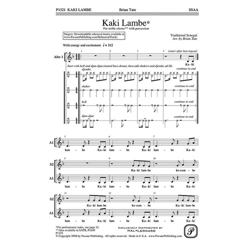 Kaki Lambe SSAA/Percussion (Octavo)