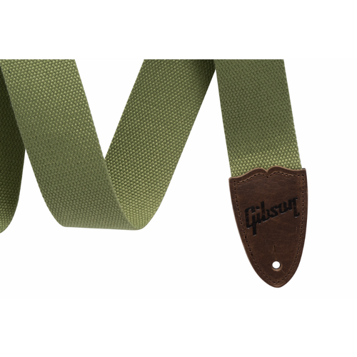 Gibson Canvas Guitar Strap Green, 2" Wide, Adjustable 36"-65", Cotton Material, Leather Ends, USA-Made