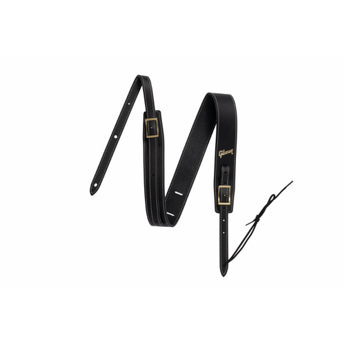 Gibson Troubadour Black Leather Guitar Strap 2" Wide, Adjustable 40" to 65" with Headstock String