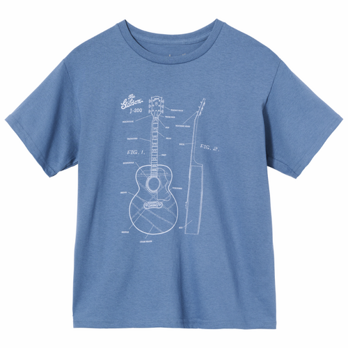 Gibson Kid's Acoustic Schematic Tee Indigo Small 100% Cotton Guitar Blueprint Design