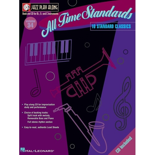 All Time Standards Jazz Play-Along V34 BK/CD - Lead Sheets for All Instruments, 10 Classic Jazz Standards, 68 Pages, Hal Leonard