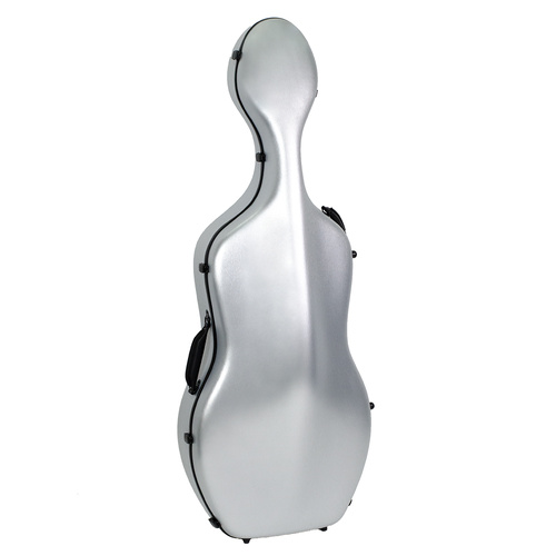 HQ Polycarbonate Cello Case with Wheels - Brushed Silver, Adjustable Neck Restraint, Padded Straps, Internal Dimensions 131x46x24cm