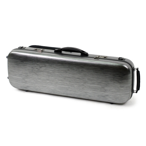 HQ Oblong Violin Case Brushed Silver & Black with Blanket, Pouch, 4 Bow Holders, Lightweight, External Music Bag, Combination Locks