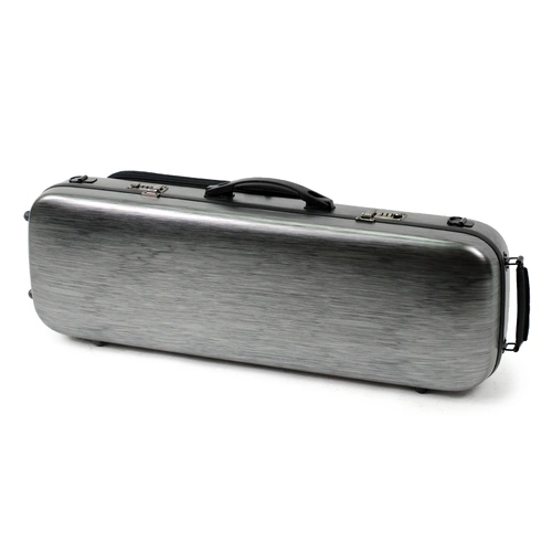 HQ Oblong Violin Case Brushed Silver & Black with Blanket, Pouch, 4 Bow Holders, Lightweight, External Bag, Quality Locks