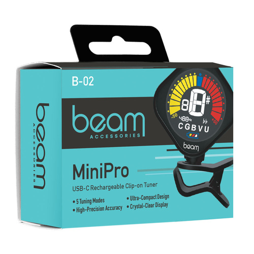Beam Accessories MiniPro Rechargeable Clip-on Tuner B-02 with USB-C, 5 Tuning Modes, High-Contrast Display, 360° Rotation, Auto Power-Off
