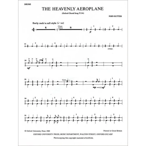 Heavenly Aeroplane Drum Part (POD) by John Rutter, Oxford University Press, 4 Pages, SATB, optional piano, drums, double bass, orchestra