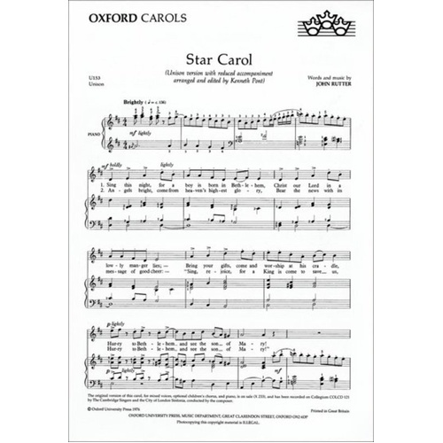 Star Carol Arranged by Kenneth Pont for Unison Voices with Piano Accompaniment - Choral Score, 8 Pages