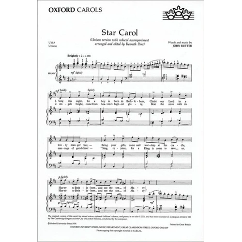 Star Carol Arranged for Unison Voices with Piano Accompaniment by Rutter and Pont, Choral Score, 8 Pages