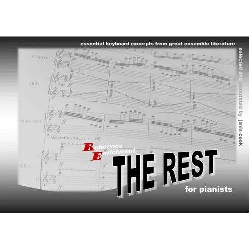 The Rest for Pianists by Cook and Co, 120 pages, collaborative repertoire for piano, features 48 annotated keyboard excerpts.