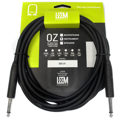 Leem 10ft Heatshrink Instrument Cable with 1/4" Straight Plugs and Nickel Plated Connectors