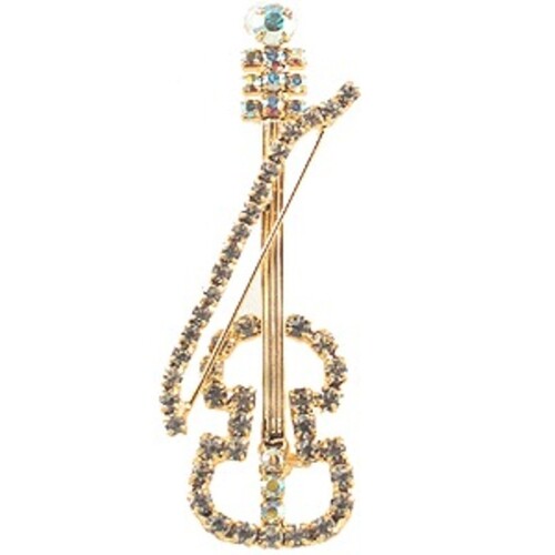 Rhinestone Brooch Violin With Bow Gold