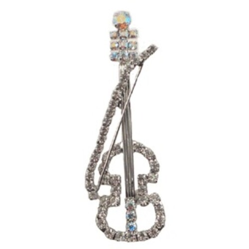 Rhinestone Brooch Violin With Bow Silver