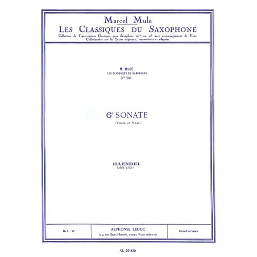 Handel - Classique Saxophone Sonate No 6 Alto Sax/Piano (Softcover Book)