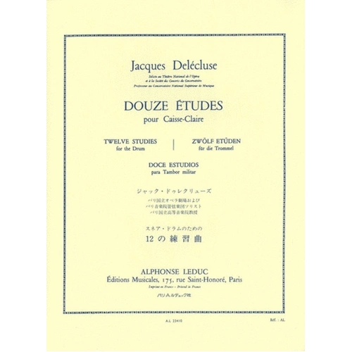Delecluse 12 Studies for Snare Drum by Jacques Delecluse, Alphonse Leduc Publisher