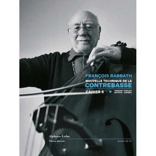 New Technique for Double Bass Volume 5 by Francois Rabbath, Alphonse Leduc, 136 pages, includes concert pieces and educational content.