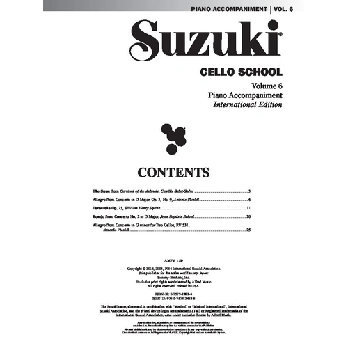 Suzuki Cello School Vol. 6 Piano Accompaniment by Dr. Shinichi Suzuki, Alfred Music, 32 pages, Cello, Piano Accompaniment