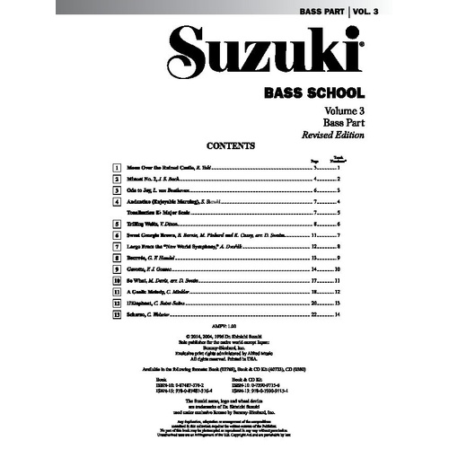 Suzuki Bass School Vol. 3 Bass Part by Dr. Shinichi Suzuki, 24 Pages, Alfred Music, Double Bass, Includes various classical titles