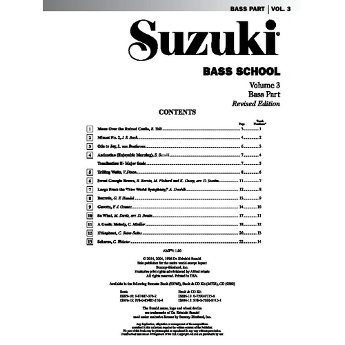 Suzuki Bass School Vol. 3 Bass Part by Dr. Shinichi Suzuki, Alfred Music, 24 pages, for Double Bass, includes various classical titles.