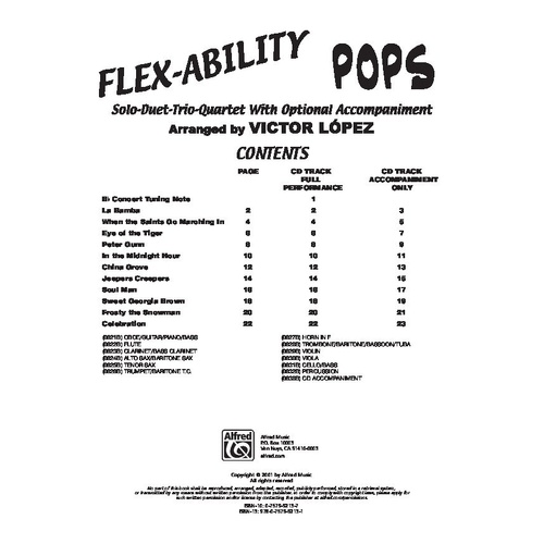 Flex-Ability Pops Percussion by Victor Lopez - 24 Pages, Alfred Music, Multi-Level Instrumentalists, 11 Songs in Four-Part Score