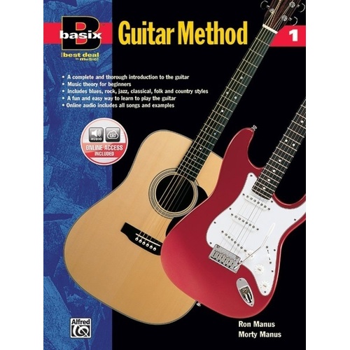 Basix Guitar Method Book 1 by Morton Manus & Ron Manus, 48 pages, includes recording for play-along, covers various music styles