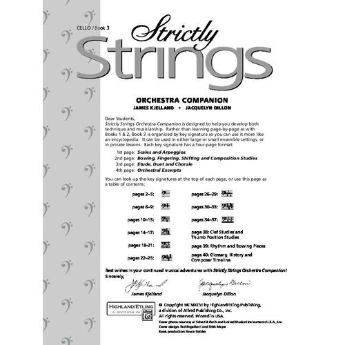 Strictly Strings Book 3 Cello by Jacquelyn Dillon and James Kjelland, 40 pages, Alfred Music, advanced middle/high school orchestra reference