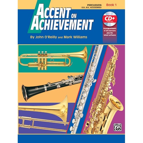 Accent on Achievement Book 1 Percussion by John O'Reilly & Mark Williams, Alfred Music, 48 pages, for grades 5-8, includes exercises & arrangements.