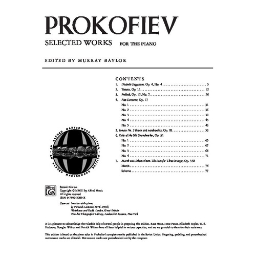 Prokofiev - Selected Works for Piano, 80 Pages, Alfred Masterwork Edition