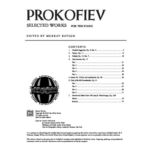 Prokofiev - Selected Works for Piano, 80 Pages, Alfred Masterwork Edition