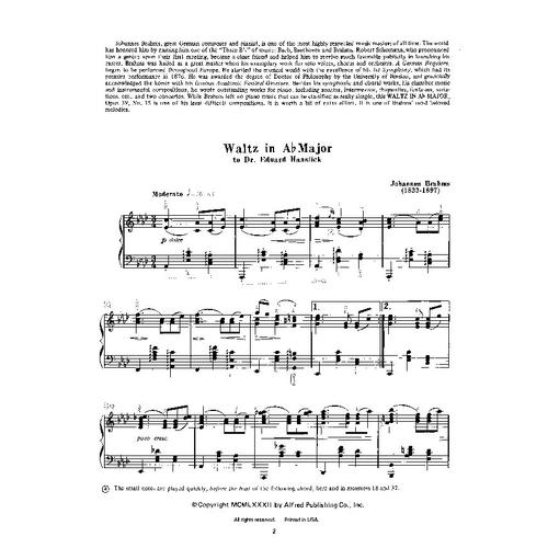 Brahms - Waltz in A-flat Major, Alfred Masterwork Edition, Piano, 4 Pages, Includes Biographical Sketch and Fingering Suggestions