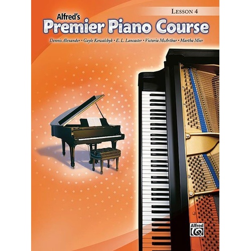 Premier Piano Course Lesson Level 4 by Alfred Music, 48 pages, includes triplets, sixteenth notes, and various musical styles.