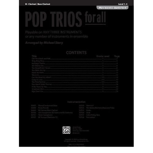Pop Trios for All (Revised) Clarinet/Bass Clarinet by Michael Story, 24 Pages, Alfred Music, For All Series