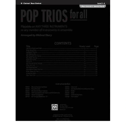 Pop Trios for All (Revised) Clarinet/Bass Clarinet by Michael Story, Alfred Music, 24 pages, For All Series