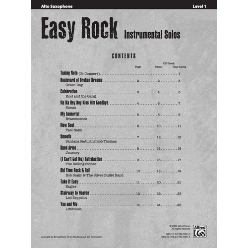 Easy Rock Instrumental Solos for Alto Saxophone
