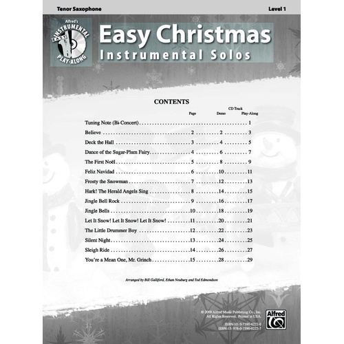 Easy Christmas Instrumental Solos Level 1 for Tenor Sax with BK/CD