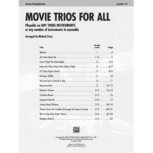Movie Trios for All - Tenor Saxophone by Michael Story