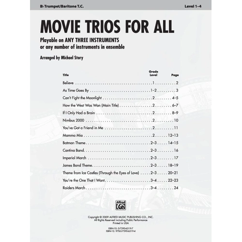 Movie Trios for All - Trumpet/Baritone T.C. by Michael Story, Alfred Music, 24 pages, For All Series