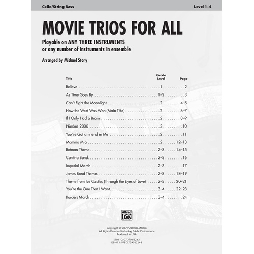 Movie Trios for All - Cello/Double Bass by Michael Story, Alfred Music, 24 pages, For All Series, score format, Grade 1 to 3-4.