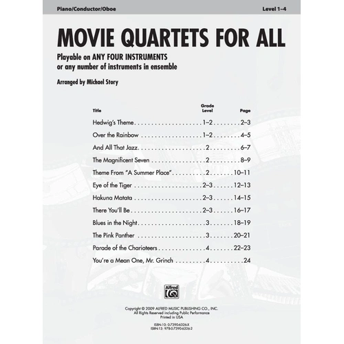 Movie Quartets for All - Piano/Conductor/Oboe by Michael Story, 24-page Conductor's Score, Alfred Music