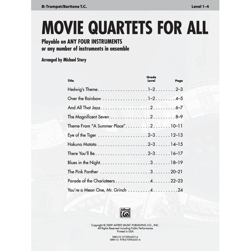Movie Quartets for All - Trumpet/Baritone T.C. by Michael Story, 24 pages, Alfred Music, For All Series