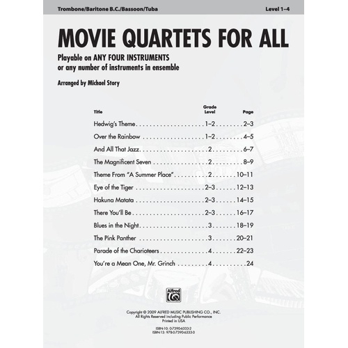 Movie Quartets for All - Trombone, Baritone BC, Bassoon, Tuba