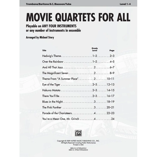 Movie Quartets for All - Trombone/Baritone BC/Bassoon/Tuba by Michael Story