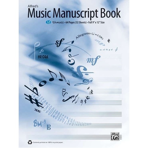 Alfred's Music Manuscript Book 10 Stave 64 Pages 9" x 12" Recycled Paper