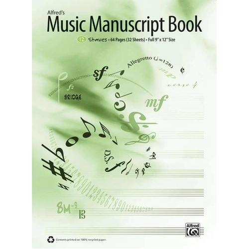 Alfred's Music Manuscript Book 12 Stave 64 Pages 9" x 12" Recycled Paper