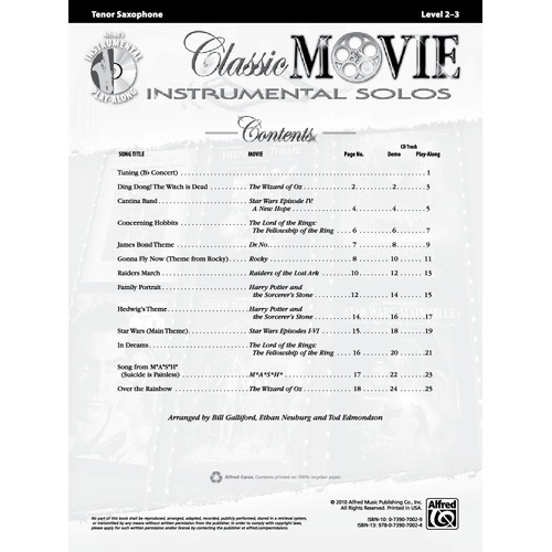 Classic Movie Instrumental Solos for Tenor Saxophone BK/CD
