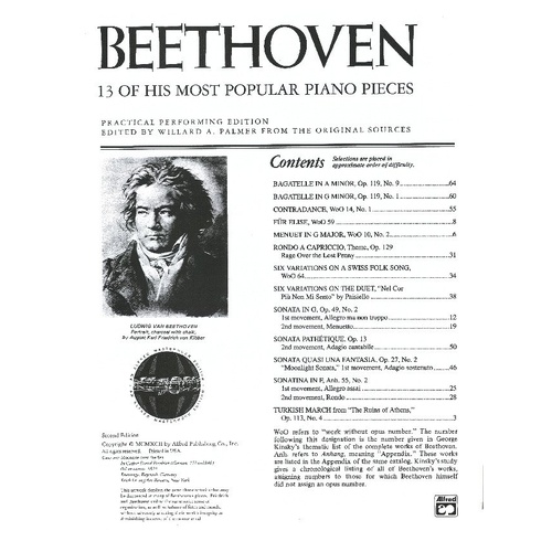 Beethoven - 13 Popular Piano Pieces, Alfred Masterwork Edition, 64 Pages, Includes "Menuet in G Major", "Fr Elise", "Moonlight Sonata"