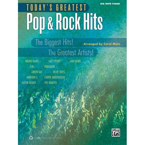 Today's Greatest Pop & Rock Hits Big Note Piano by Carol Matz, 144 pages, includes popular sheet music for beginner pianists.