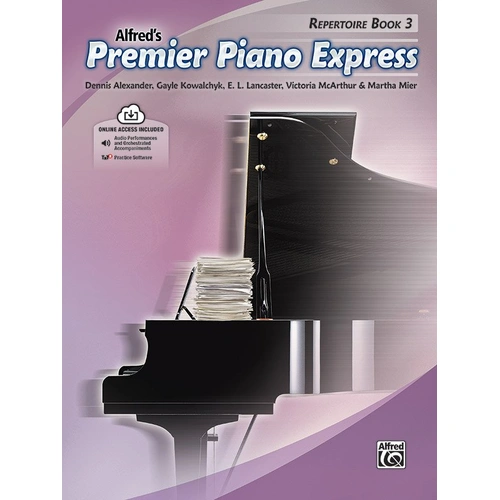 Premier Piano Express Repertoire Book 3 by Alfred Music, 48 pages, includes original music and standard repertoire for piano.